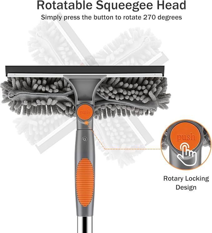 SetSail Window Squeegee with 66in Extension Pole 2-in-1 Window Cleaning Kit | Professional Window Cleaner Tool for Outdoor Indoor Car Windows Glass, Rotatable Head and 2 Scrubbers, Grey Orange