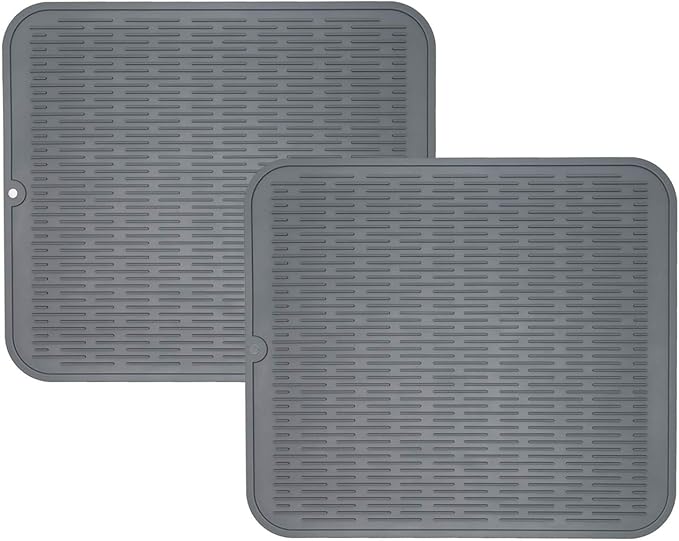 ZLR 2 Pcs Heavy-Duty Silicone Dish Drying Mat (16" x 18" / 401x455mm) - XL Family-Size Thick 5mm Drainboard for Pots, Pans & Heavy Cookware - Oversized Trivet & Counter Protector, Non-Slip (Dark Gray)