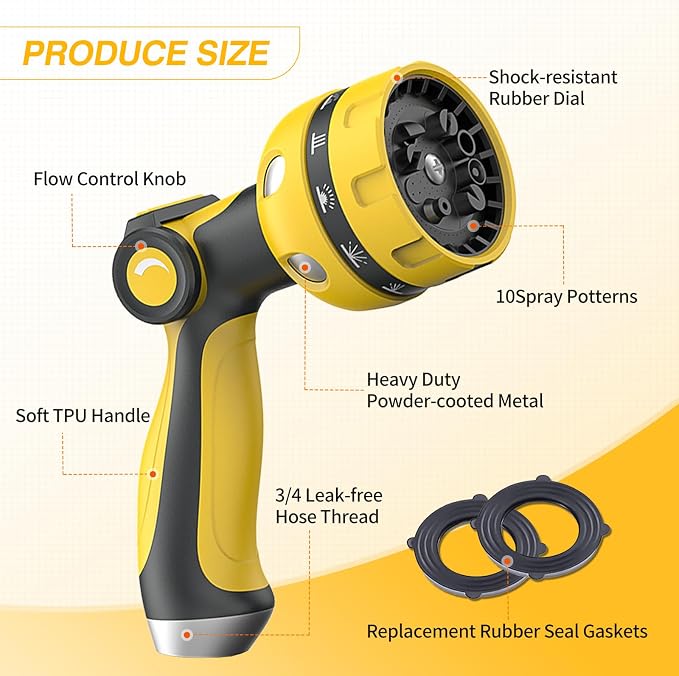 Garden Hose Nozzle, Heavy Duty Water Hose High Pressure Sprayer with 10 Watering Patterns, Thumb Control On Off Valve, for Watering outdoor Plants & Lawn, Car & Pet Washing（Yellow）