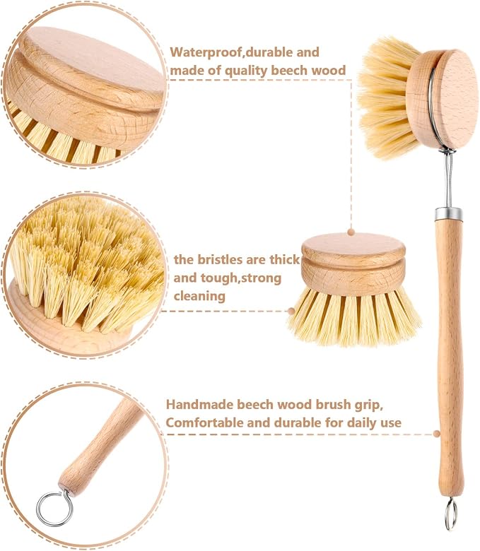 Boao 3 Pack Dish Brush with Beechwood Handle with Replacement Heads Natural Wood Dish Scrub Brush for Washing and Cleaning Pots and Pans