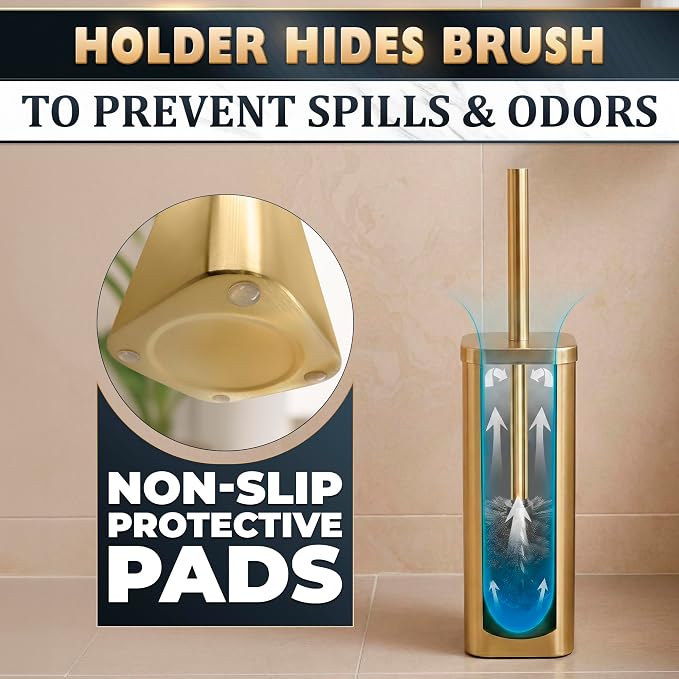 Gold Toilet Brush with Square Holder - Toilet Brush and Holder Set Gold, Stainless Steel Handle with Splash Shield, Replaceable Head and Removable Inner Cup - Freestanding Bathroom Toilet Cleaning Set