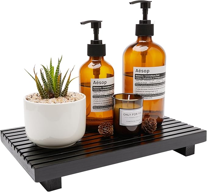 Black Bathroom Counter Tray Organizer Wood Riser Stand Kitchen Soap Holder | Rustic Countertop Trays Wooden Pedestal Display Dish Soap Dispenser Holder for Bathroom Decor Sink Accessories Vanity Tray