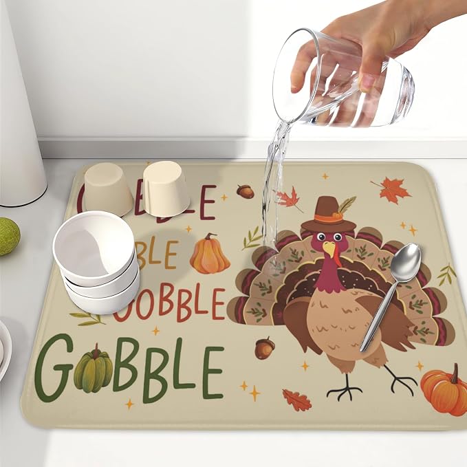 Thanksgiving Turkey Dish Drying Mat for Kitchen Counter 16x18 Inch Pumpkin Dish Drainer Mat Absorbent Microfiber Gobble Dish Rack Pad for Fall Holiday Coffee Dining Bar Decor