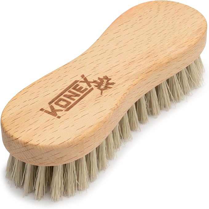 KONEX Medium-Stiffness Nylon Fiber Scrub Brush - Heavy Duty Cleaning Brush, Wooden Handle, Brown, Ideal for Hardwood Floor, Outdoor Surfaces, Carpet