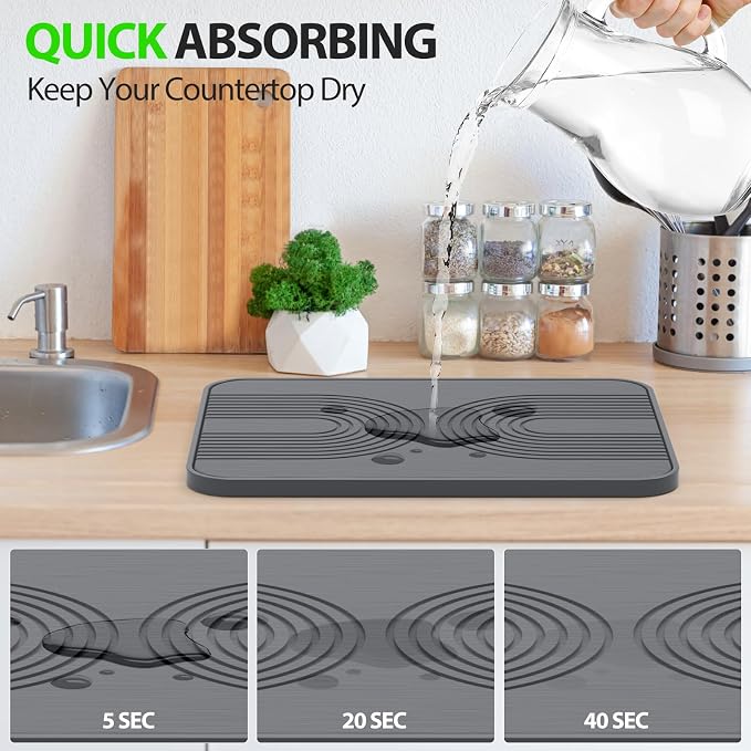 2 PCS Stone Dish Drying Mat ＆ Silicone Mat for Kitchen Counter – Diatomaceous Earth Bath Mat for Bathroom, 16.14"L×12.4"W×2 Quick Dry Mats for Dishes ,Bottles, Cups, Match Any Countertop(Gray)