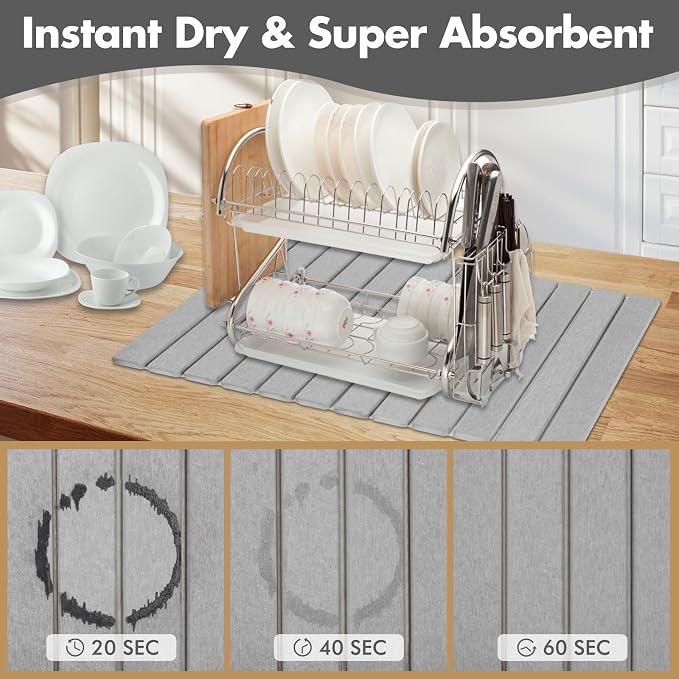 Extra Large Stone Dish Drying Mat for Kitchen Counter, 28"×16" Eco-friendly,Instant Drying Pad,Diatomaceous Earth Water Absorbing Mat, Foldable and Super Absorbent Dish Drying Stone Mat, Light Gray
