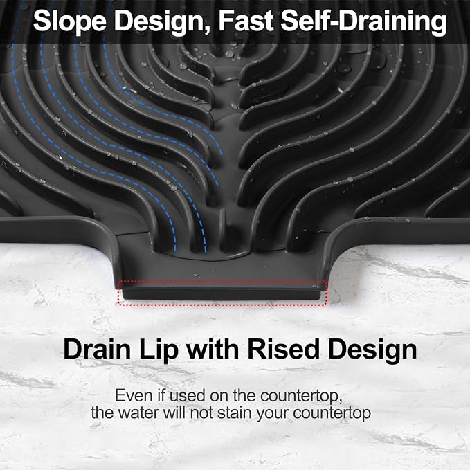 Dish Drying Mat for Kitchen Counter, with Built-in Drain Lip, Food-Grade Silicone, Easy Clean Pad for Countertop Protection, Multi-Functional Use (18x11.8, Black)