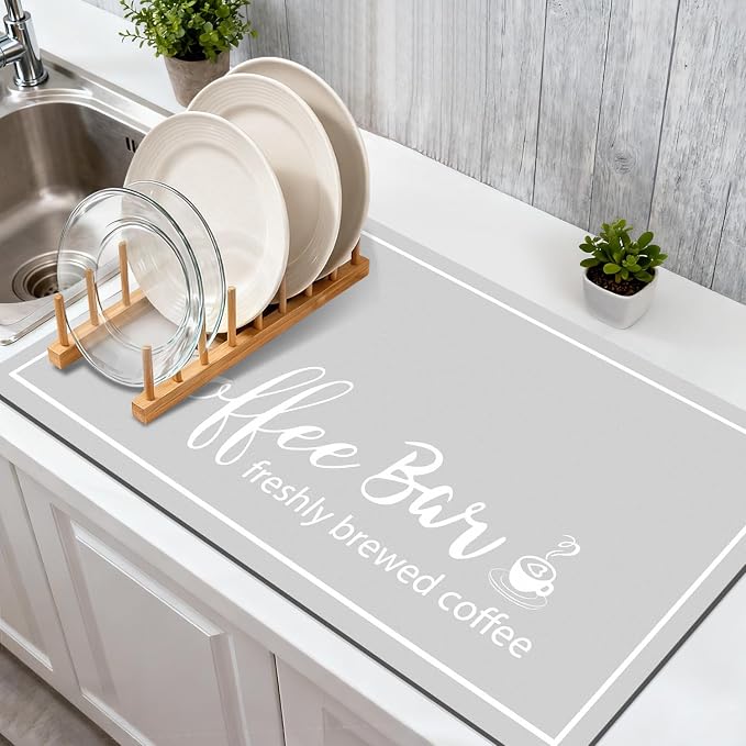 Findosom Dish Drying Mat, 12"x 20" Super Absorbent & Hide Stain Coffee Mat, Cuttable Drying Mat for Kitchen Counter, Coffee Bar Accessories, Under Dish Rack, Coffee Maker, Espresso Machine, LightGrey