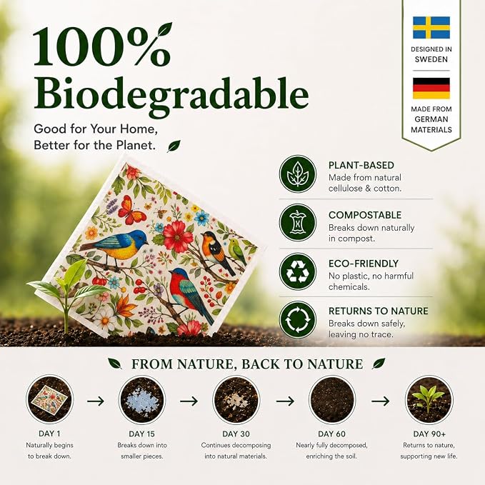 10 PCS Birds Print Swedish Dishcloths for Kitchen 100% Biodegradable, Reusable Cellulose Sponge Cloths Ultra Absorbent, Eco Friendly Cleaning Towels Dishcloths for Washing Dishes & General Cleaning