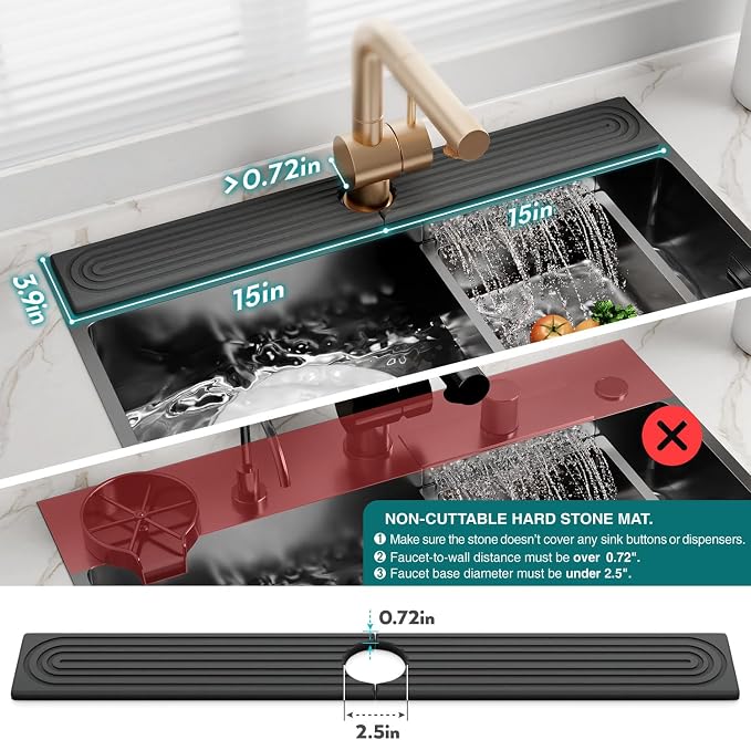 eormoe 30 inch Kitchen Faucet Absorbent Mat - Diatomaceous Earth Splash Guard for Sink Faucet, Aesthetic Water Absorbing Stone Tray in The Modern Home (30" x 3.9", Dark grey)