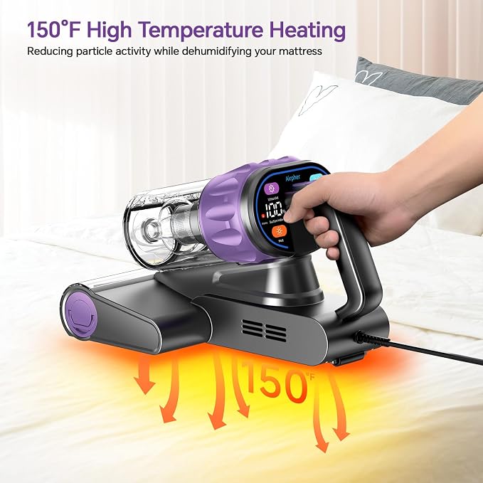 Bed Mattress Vacuum Cleaner - 20 kPa Suction,150°F Heat,Aroma,253.7nm UV-C | Smart Dust Sensor,40800RPM Roller Brush,Ultrasonic,500W Powerful Handheld,HEPA Filter,for Bed,Sofa,Couch