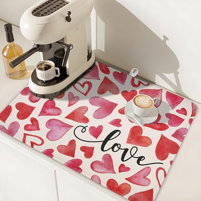 Valentine's Day Red and Pink Heart Dish Drying Mat 18x24 Inch | Polyester，Absorbent Microfiber，for Kitchen Coffee Dining Bar Decor