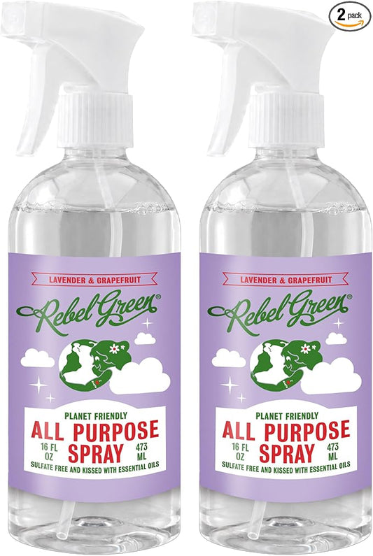 Rebel Green Natural All-Purpose Cleaning Spray - Plant-Derived Multi-Surface Cleaner with Essential Oils for Kitchen, Bath, Countertops and More - Lavender & Grapefruit Scent - 16 oz - 2 Pack