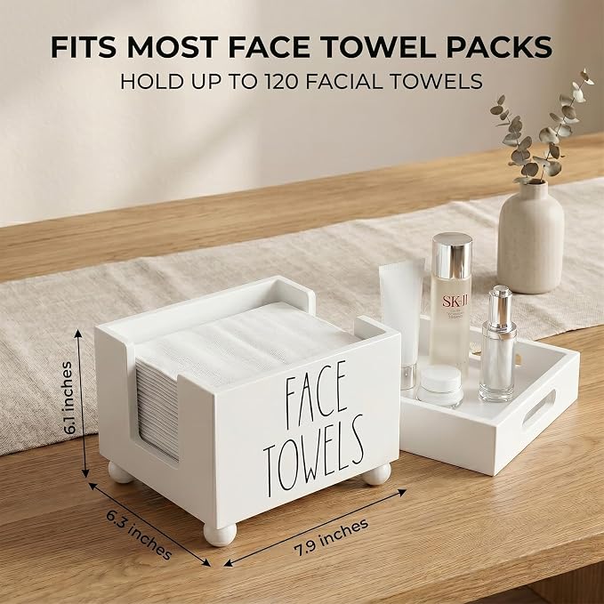 Disposable Face Towel Holder, Wooden Facial Towels Dispenser, Clean Towel XL Box for Bathroom Countertop, Open-Top Cleansing Wipes Organizer for Vanity, Rustic Skincare Storage (White)