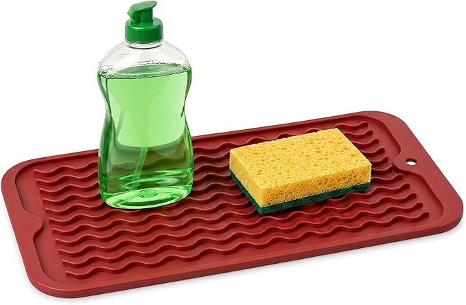 ZLR Silicone Sink Caddy Tray (6" x 12" / 153 x 305mm) - Narrow Sponge Holder for Kitchen Counter - Waterproof Dish Drying Mat, Non-Slip Soap Dispenser Mat & Bathroom Vanity Organizer (Lava Red)