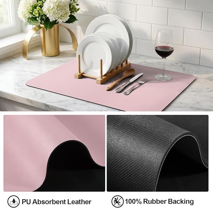 Ecotrim - Dish Drying Mat for Kitchen Counter | Coffee Bar Mat for Countertops | Heat Resistant Drainer Mat with Non-slip Rubber Backed | Hide Stain Kitchen Absorbent Draining Mat | Pink 18"x28"