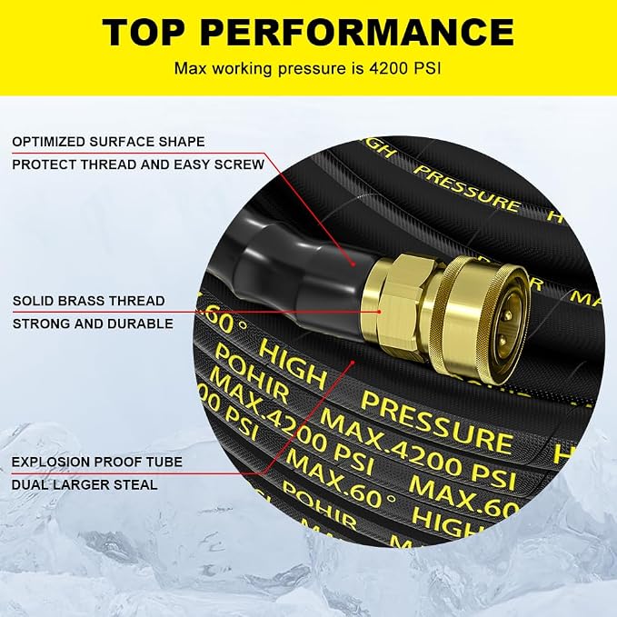 Pressure Washer Hose 50 ft with 3/8 Inch Quick Connect, Kink Resistant High Tensile Wire Braided,with 2 pcs M22 14mm Adapter Set, 4200 PSI Power Washer Hose | POHIR 2pcs 3/8'' QC to M22 14mm Adapters, 4200PSI Power Washing Hose 1/4’’ ID, No-Kink&No-Bur...