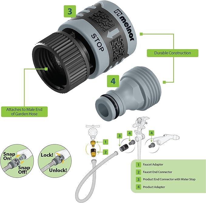 Melnor 65175AMZ 6 Piece Quick Connect Starter Set Connector Bundle, Product Adapter, Product End Connector, Black, Grey