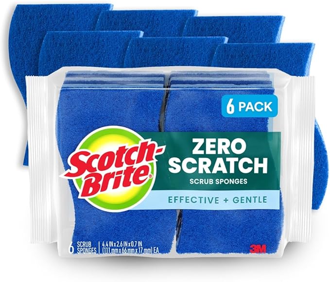Scotch-Brite Zero Scratch Scrub Sponge, 6 Kitchen Sponges for Cleaning Around the Home, Bathroom & More, Scratch-Free Dish Scrubber, Multi-Surface Safe, Best for Nonstick Pots and Pans
