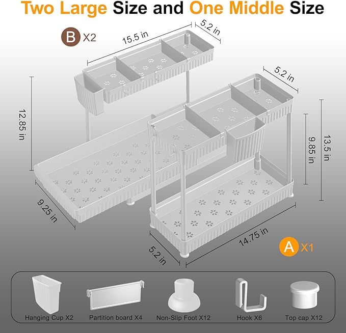 Sevenblue 3 Pack Multi-Purpose Pull-Out Storage Organizers, 2-Tier L-Shaped Under Sink/Cabinet Organizers and Storage for Bathroom & Kitchen,White,12.85 Inch