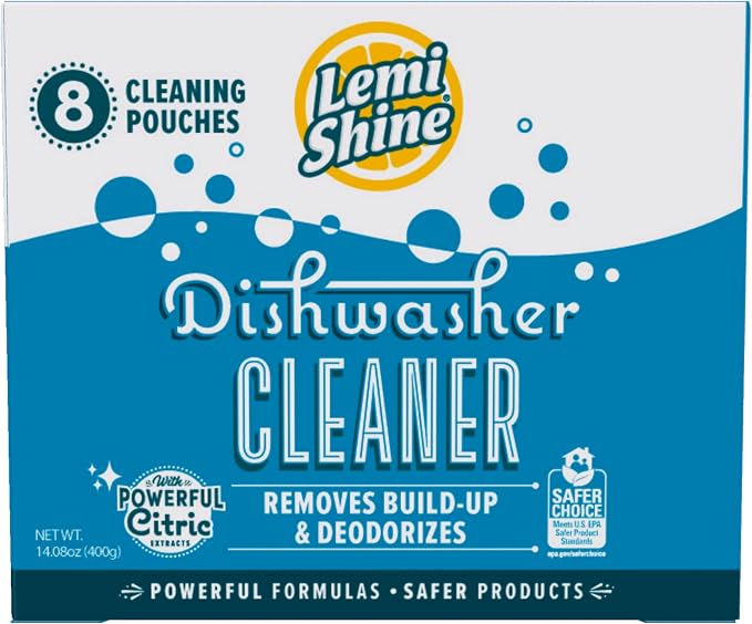 Lemi Shine Natural Dishwasher Cleaner & Deodorizer - 14.08 oz (8 Pack) | Hard Water Citric Acid Cleaning Powder - Lemon Scented Eco-Friendly Dishwasher Cleaner & Deodorizer