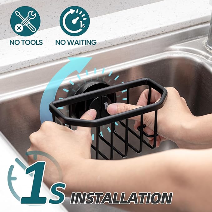 TAILI Sink Caddy with Strong Suction Cup, Sponge Holder for Kitchen Sink Organizer, Removable Sponge Caddy Inside Sink, Rustproof Aluminum Holder for Sponges, Brushes - Black