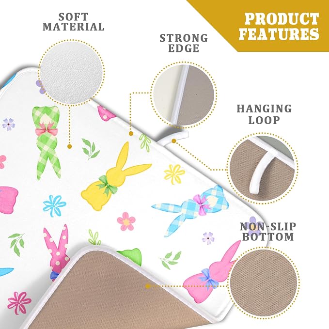 Easter Dish Drying Mat for Kitchen Counter Cute Bunny Floral Holiday Microfiber Absorbent Dish Draining Reusable Washable Foldable 16"x18"