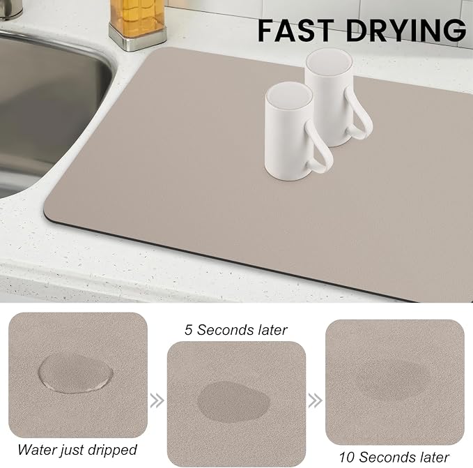 WISELIFE Dish Drying Mat Super Absorbent Drying Mat Large Dish Drying Mats for Kitchen Counter Easy Clean Dish Mat Kitchen Drying Mat16"x 24" Classic Khaki