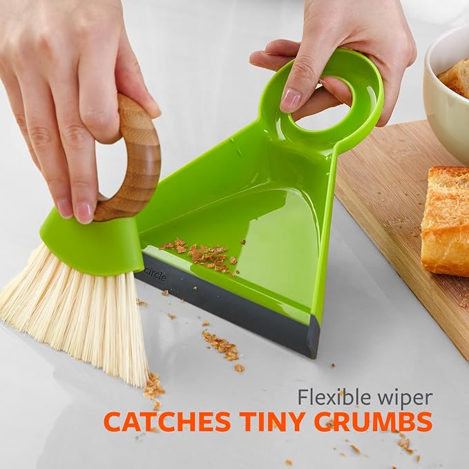 Full Circle Tiny Team Mini Brush & Dustpan Set - Compact, Countertop Cleaning, Kitchen, Desk, Crumbs - Green
