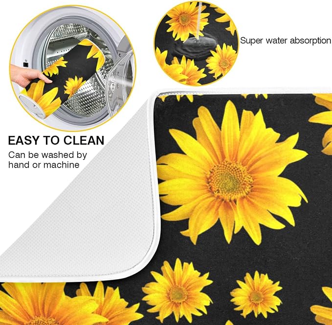Absorbent Dish Drying Mat for Kitchen Counter - Yellow Sunflower Flowers Black Microfiber Drying Pad, Reversible Drainer Mats for Countertop, Lager 18 x 24 inch