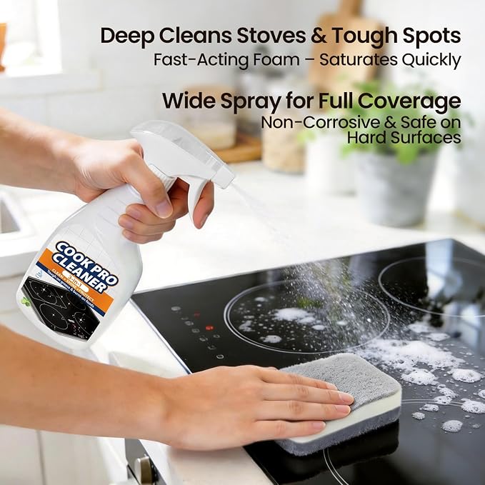 3-in-1 Stove Top and Oven Cleaner Kit - Glass Cooktop Cleaner for Ceramic Electric Gas & Induction Stoves - Includes Heavy Duty Scraper and Double-Sided Sponges for Burnt-on Grease, Oil & Grime
