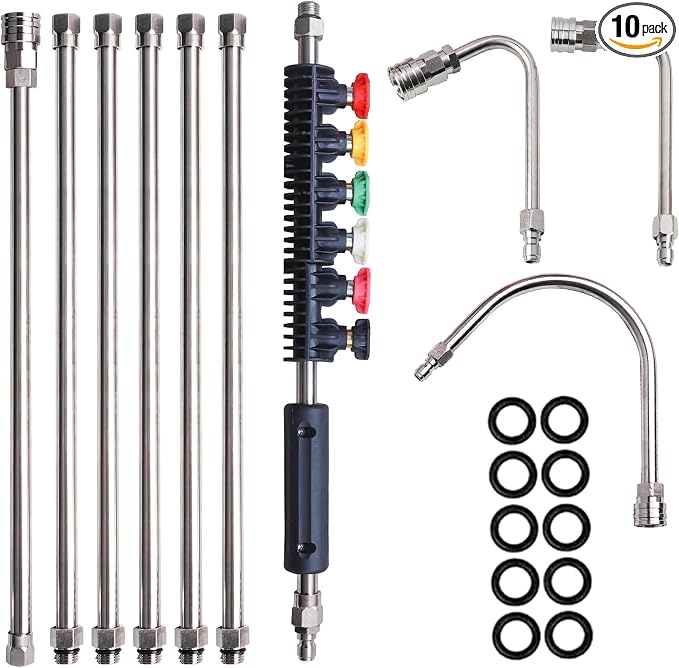 Xiny Tool Pressure Washer Extension Wand, 10 Pack Power Washer Lance with 6 Atomization Nozzle Tips,1 Gutter Cleaner Attachment Curved Rod, 1/4" Quick Connect, 4000 PSI