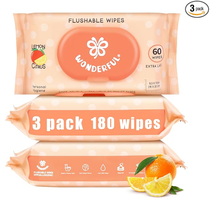 WONDERFUL Flushable Butt Wipes, Lemon Citrus 100% Plant-Based Wet Wipes for Adults & Kids; Sewer, Septic Safe; Gentle on Sensitive Skin, Wipes Flushable Pack for Bathroom & Travel, 3-Pack (180 Count)