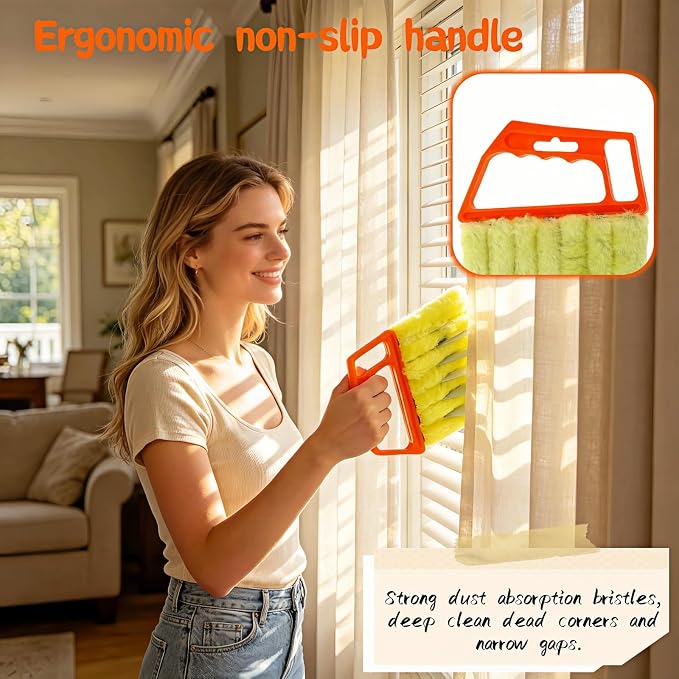 Blind Cleaner Brush with Detachable Microfiber Sleeves, Ergonomic Handle, 7-Finger Duster for Blinds, Air Vents, Car Vents, 5.31 x 6.3 Inch