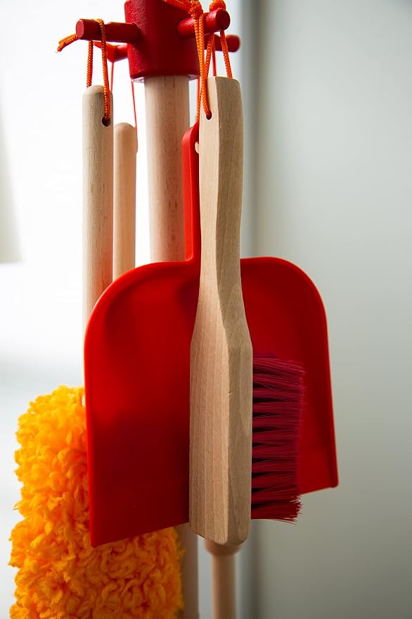 JustForKids Kids Cleaning Set, 6 Pieces - Wooden Pretend-Play Housekeeping Toy with Broom, Mop, Brush, Duster, Dustpan & Hanging Stand, STEM Learning Toy for Toddlers & Kids, Boys & Girls, Multicolor