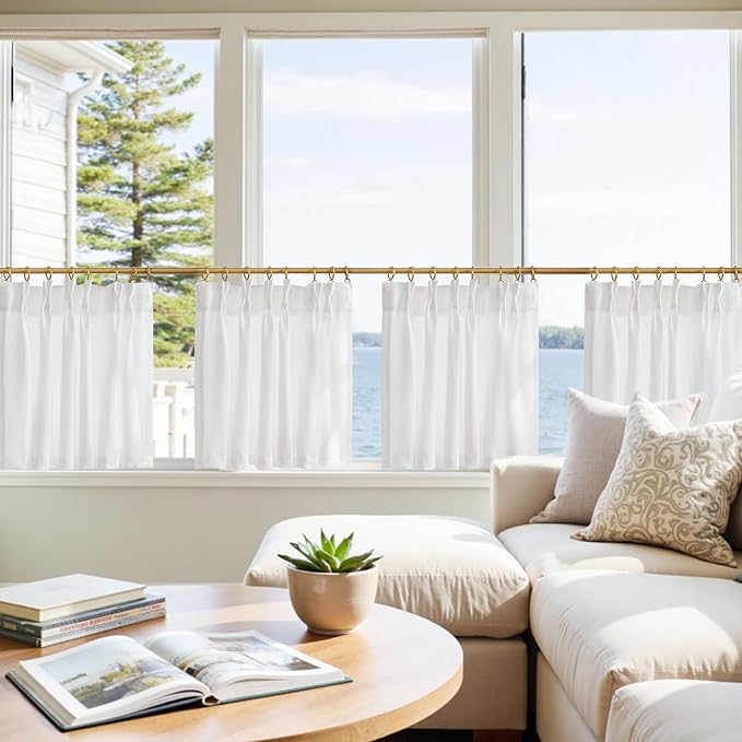 jinchan Pinch Pleated Linen Back Tab Tier Curtains, 26x24, 4 Panels, White | Light filtering,rod pocket,small window treatment,cafe curtains,machine washable,farmhouse,kitchen,bathrooms,laundry
