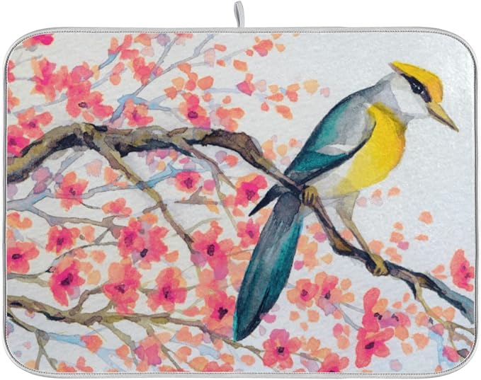 Absorbent Dish Drying Mat for Kitchen Counter - Watercolor Flowers and Birds Microfiber Drying Pad, Reversible Drainer Mats for Countertop, Small 16 x 18 inch