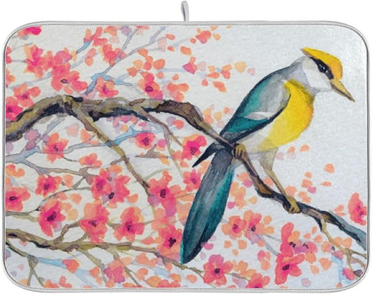 Absorbent Dish Drying Mat for Kitchen Counter - Watercolor Flowers and Birds Microfiber Drying Pad, Reversible Drainer Mats for Countertop, Small 16 x 18 inch