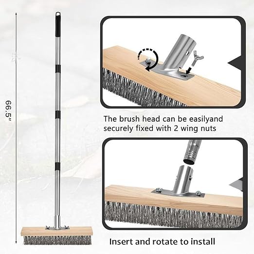 Heavy Duty Stainless Steel Wire Scrub Brush with Long Handle Moss Remover Wire Broom for Patio Deck Garden Garage, Outdoor Floor Scrub Brush (30cm / 11.8in)