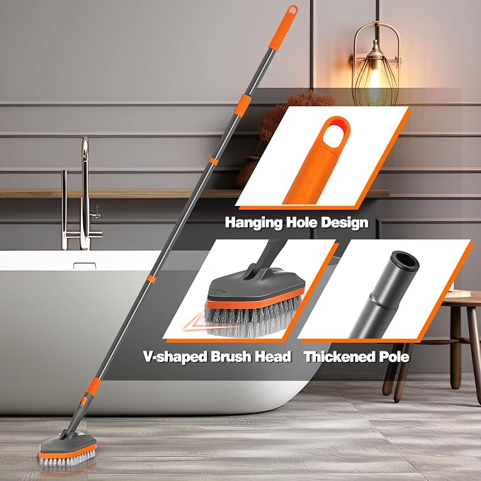 NEWE Shower Cleaner Brush, Tub Tile Scrubber with Telescopic Long Handle 56 inches, 4 Scrub Heads for Cleaning Bathroom Bathtub Floor Baseboard Sink Kitchen Toilet