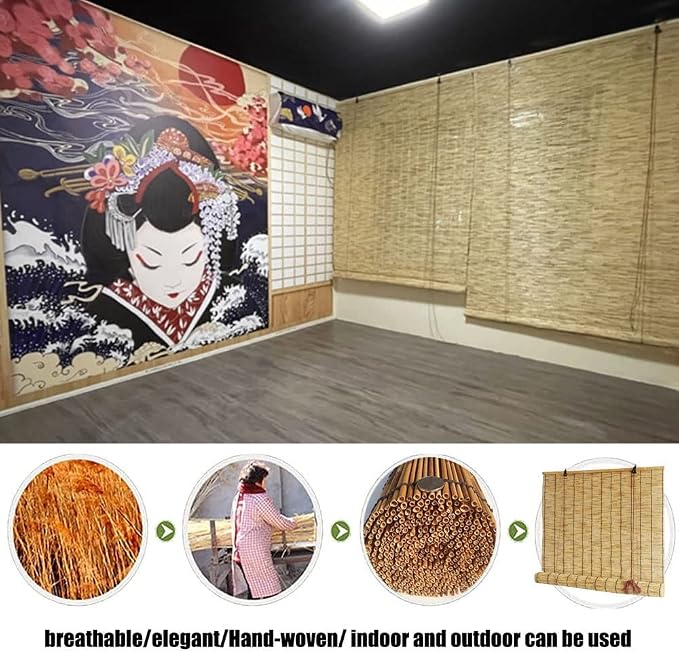 Patio Bamboo Shades Roller Window Shades, Bamboo Blinds for Outdoor Cordless, Light Filtering Reed Curtain, Roman Shade Privacy Screen with Lifter 18/23/32/48/53/59/64/72in Width ( Size : 59" W x 48"