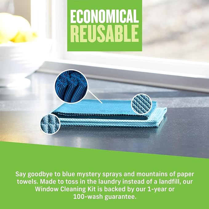 E-Cloth Microfiber Window Cleaning Cloth Kit - Glass Cleaning Cloth for Windows, Mirrors, Cars, Lenses, Eyeglasses, & More, Streak Free Clean, Machine Washable Reusable Towel - Alaskan Blue