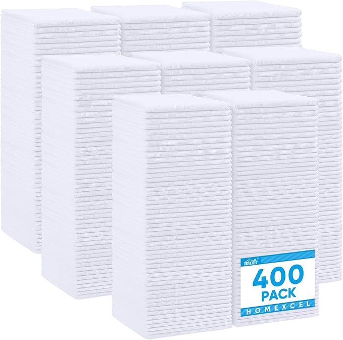 HOMEXCEL White Microfiber Cleaning Cloth 400 Pack, Microfiber Towel for Cars, Lint Free, Scratch-Free, Highly Absorbent, and Cleaning Rags for House, Window and Glass, Cars, TV Screen 11.5 X11.5 inch