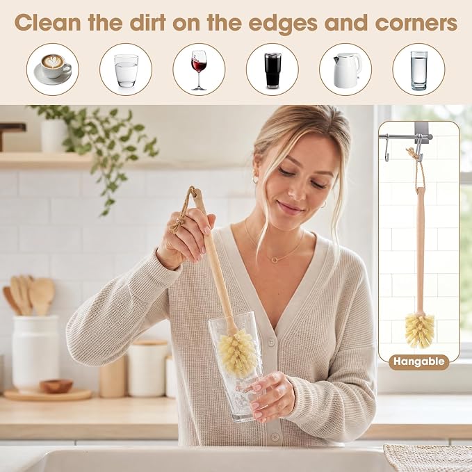 6 Pack Bamboo Dish Brush & Sponge Set, Wooden Handle Kitchen Scrub Brushes with Natural Sisal & Palm Fiber Heads, Multi-Purpose Dishwashing Cleaner for Dishes, Pots, Bottles, Vegetables