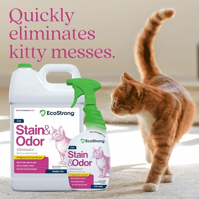 Eco Strong Cat Stain and Odor Remover| Enzyme Urine Odor Neutralizer - Stain Remover for Carpet, Litter Boxes, Bedding, and Laundry [160 Fl Oz Bundle]