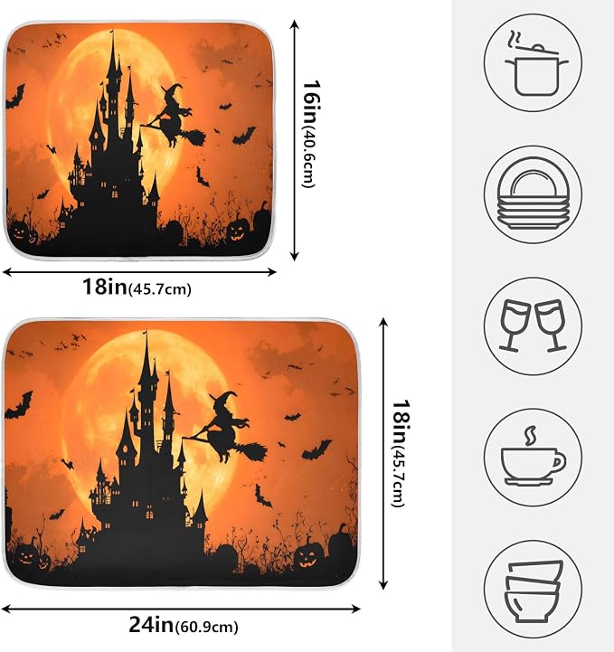Halloween Witch Bat Castle Pumpkin Dish Drying Mat for Kitchen Counter Absorbent Microfiber Small Drying Pad Dish Mats for Kitchen Countertops 16 x 18 Inch