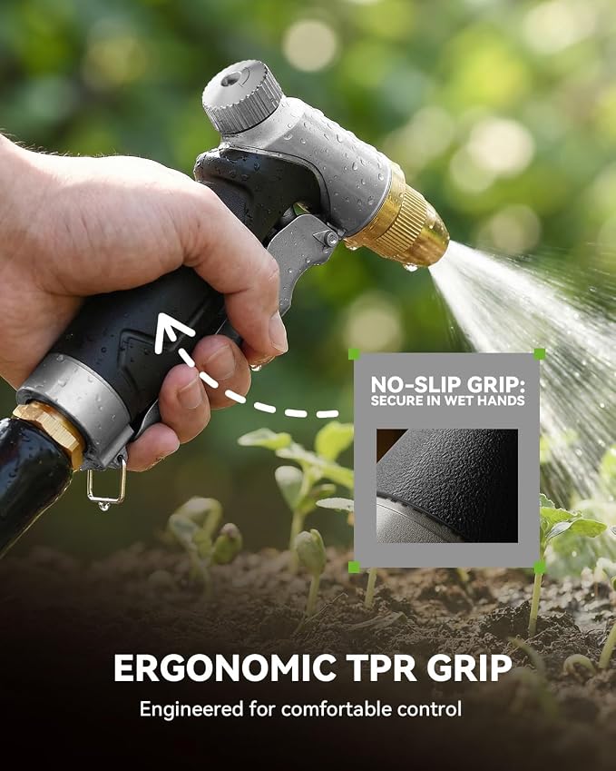RAINPOINT Garden Hose Nozzle, 100% Heavy Duty Metal Hose Sprayer, High Pressure Water Hose Nozzle with Adjustable Spray Patterns and Flow Control for Watering Plants, Car Washing, Pet Washing, Silver