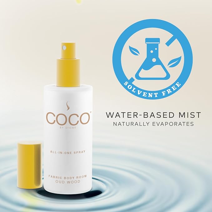 COCO by Stone 5oz All-in-One Spray Oud Wood Fabric & Room Mist | Shake-and-spray formula for fabrics, pillows, clothing, and rooms with a luxurious Oud Wood fragrance. Vegan & cruelty-free.