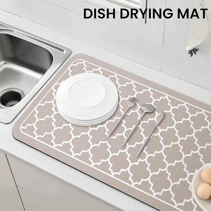 WISELIFE Dish Drying Mat Super Absorbent Drying Mat Large Dish Drying Mats for Kitchen Counter Easy Clean Dish Mat Kitchen Drying Mat18"x 36" Stylish Khaki