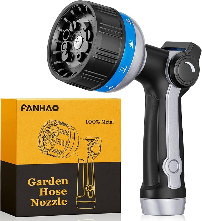 FANHAO Metal Thumb Control Water Hose Nozzle Heavy Duty, 10 Spray Patterns | Rustproof Leak Proof, Comfortable Non-Slip Handle, High Pressure Garden Nozzle for Watering Plants, Car & Pet Washing, Blue